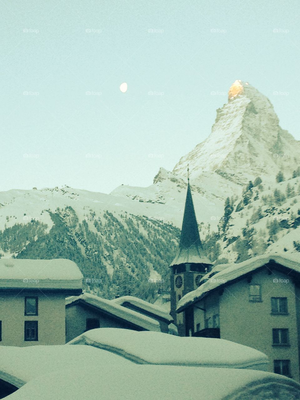 Mountains face. Sun on the Swiss Matterhorn 