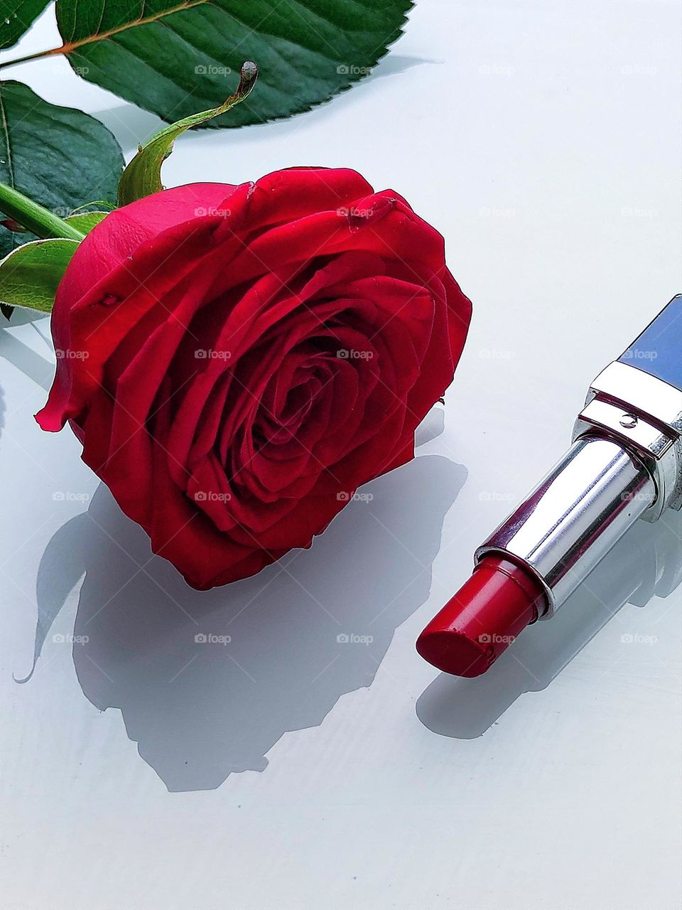 Red rose with green leaves and open red lipstick lie on a white background.  Rose and lipstick cast shadows