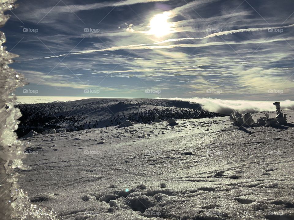 Winter sun on the mountain Praděd 