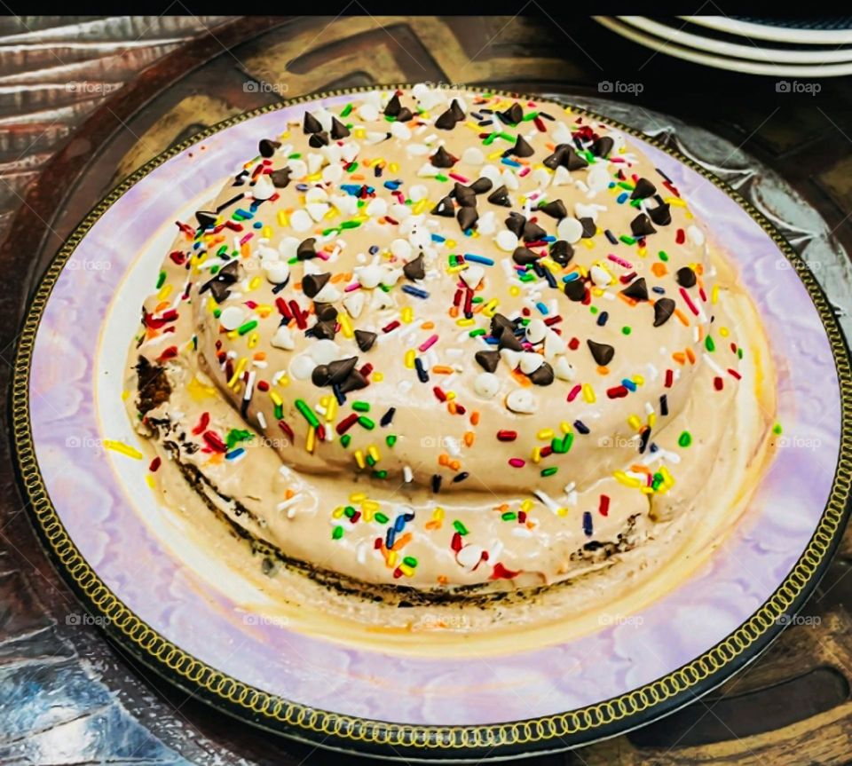 2 Layered Chocolate & Coffee Cake Coverd with choco Cream and sprinkle