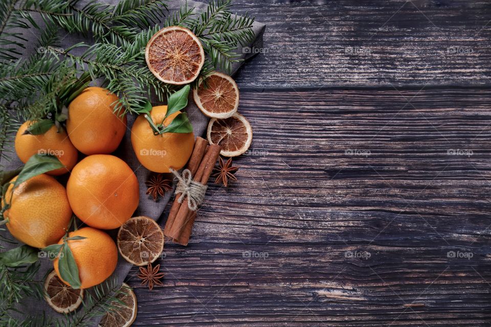 Christmas still life with dried orange and mandarins