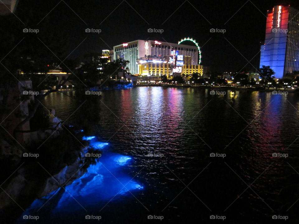 Las Vegas, view from Bellagio Dancing Fountains Show. Colorful Night View of Lights and Water