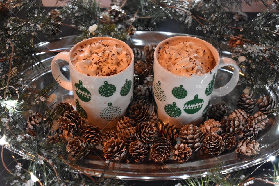 Hot cocoa with whipped cream and shaved chocolate 