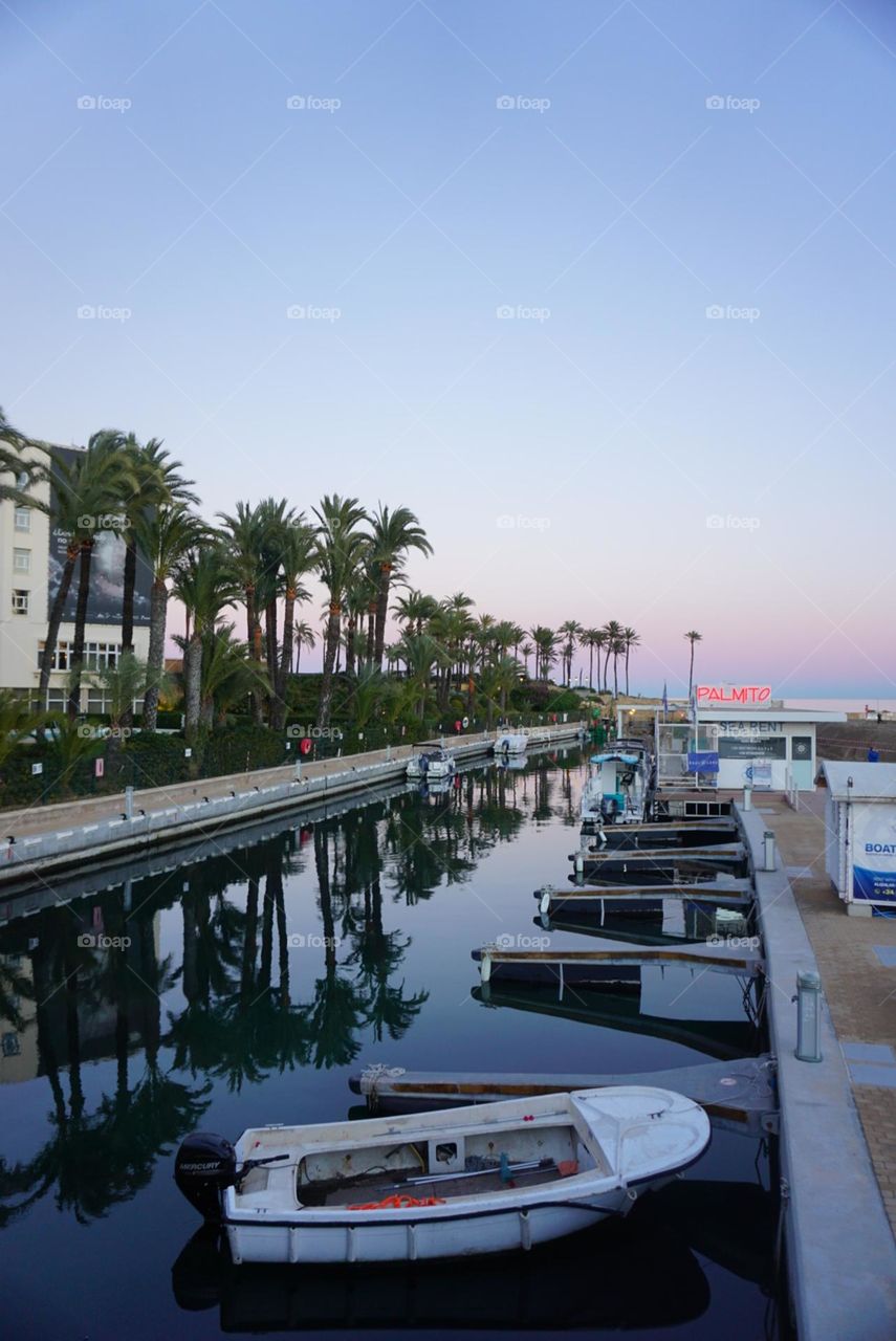 Port#sea#sunset#palms#sky#boat