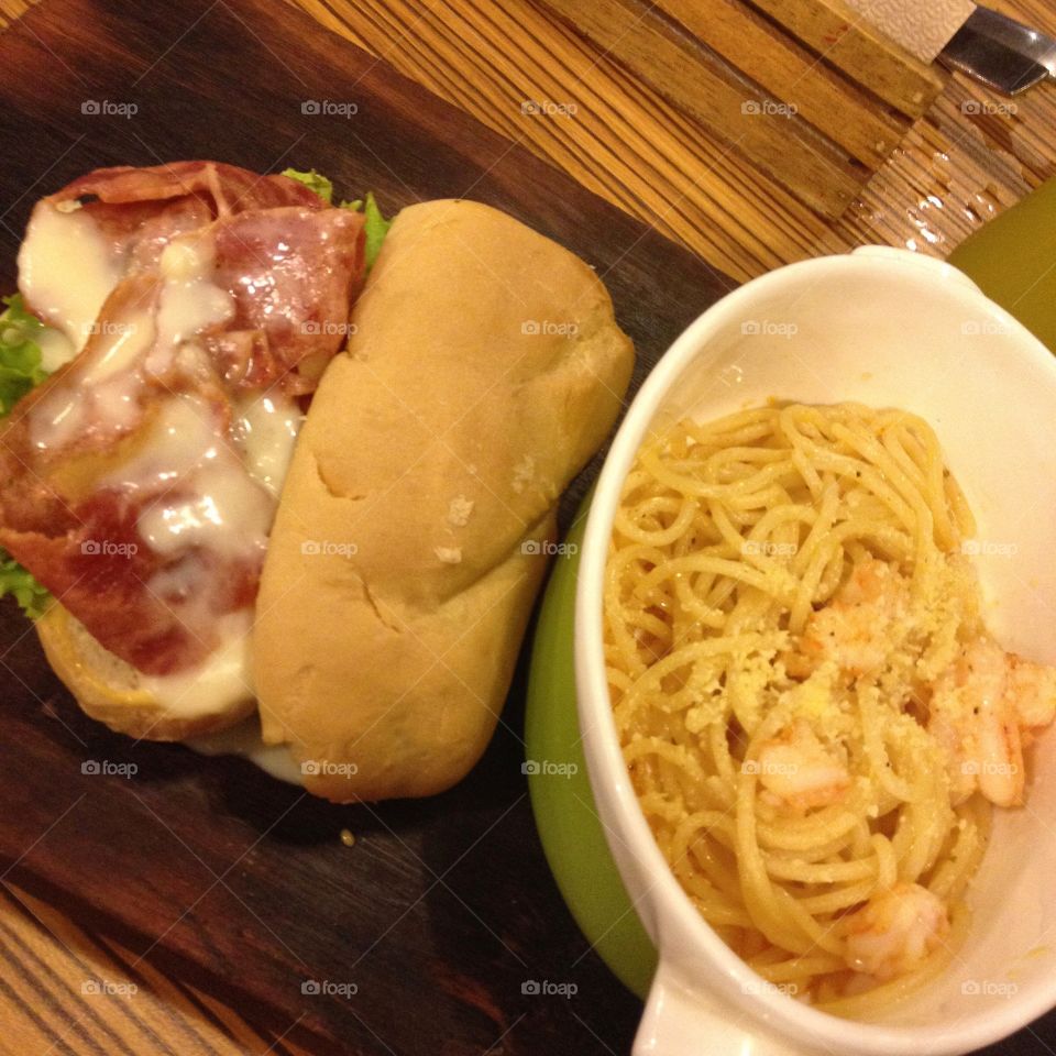 Shrimp Aglio Olio and Cheesy Bacon Sandwich.
