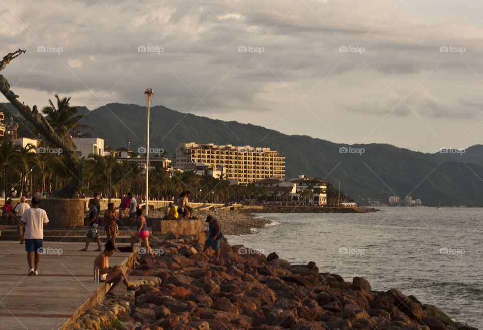 Looking down the length of the Malecon in Puerto Vallarta, Mexico on a Friday evening.