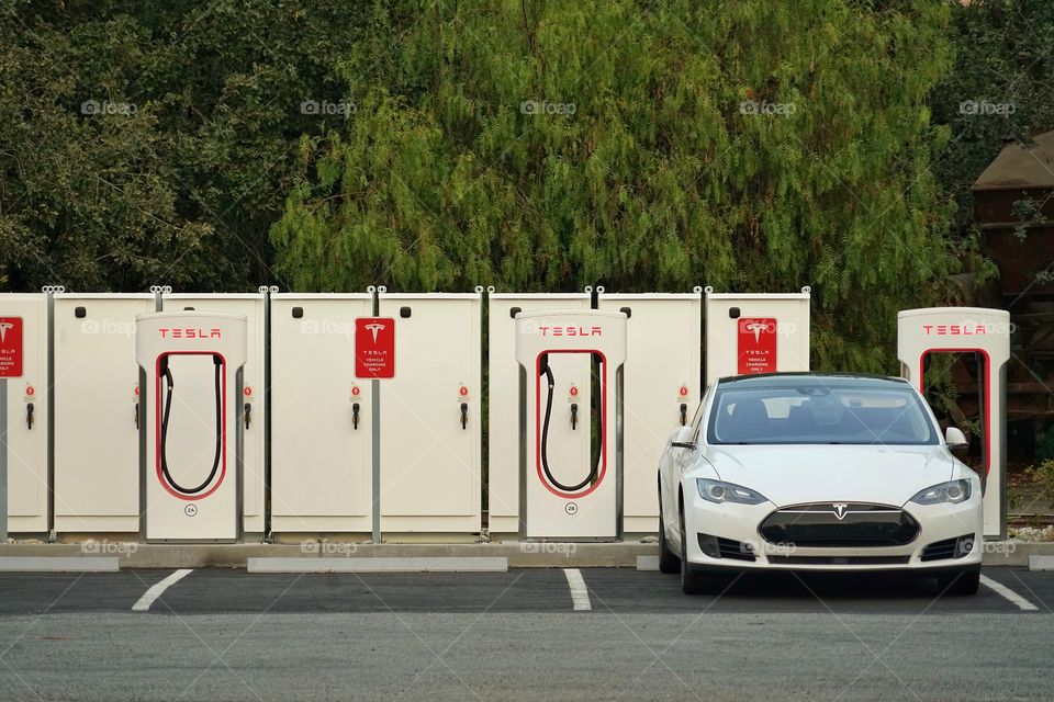 Tesla Model S Sedan At Charging Station In Silicon Valley