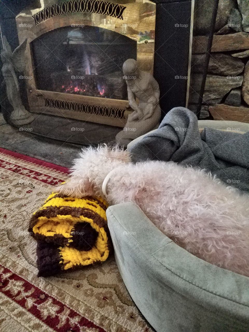 Fireplace with poodle sleeping in bed, head on pillow in front of the flames.
