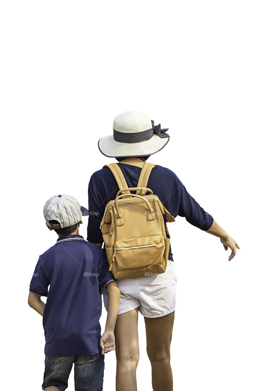 Isolated Mother and son walking on a white background with clipping path.