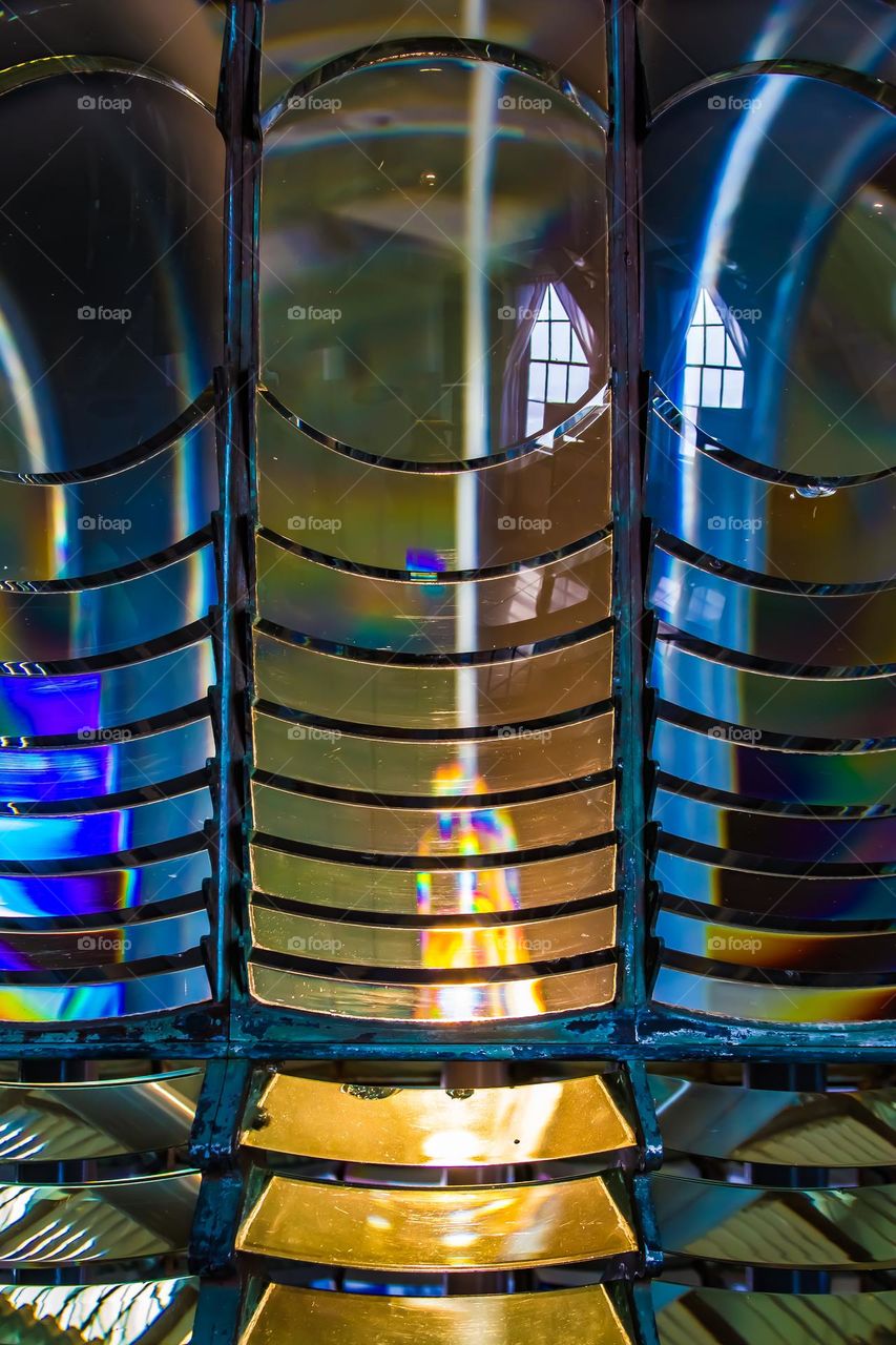 Colorful closeup of the Pigeon Point Lighthouse glass prism First Order Fresnel Lens in pescadero california between Santa Cruz and San Francisco
