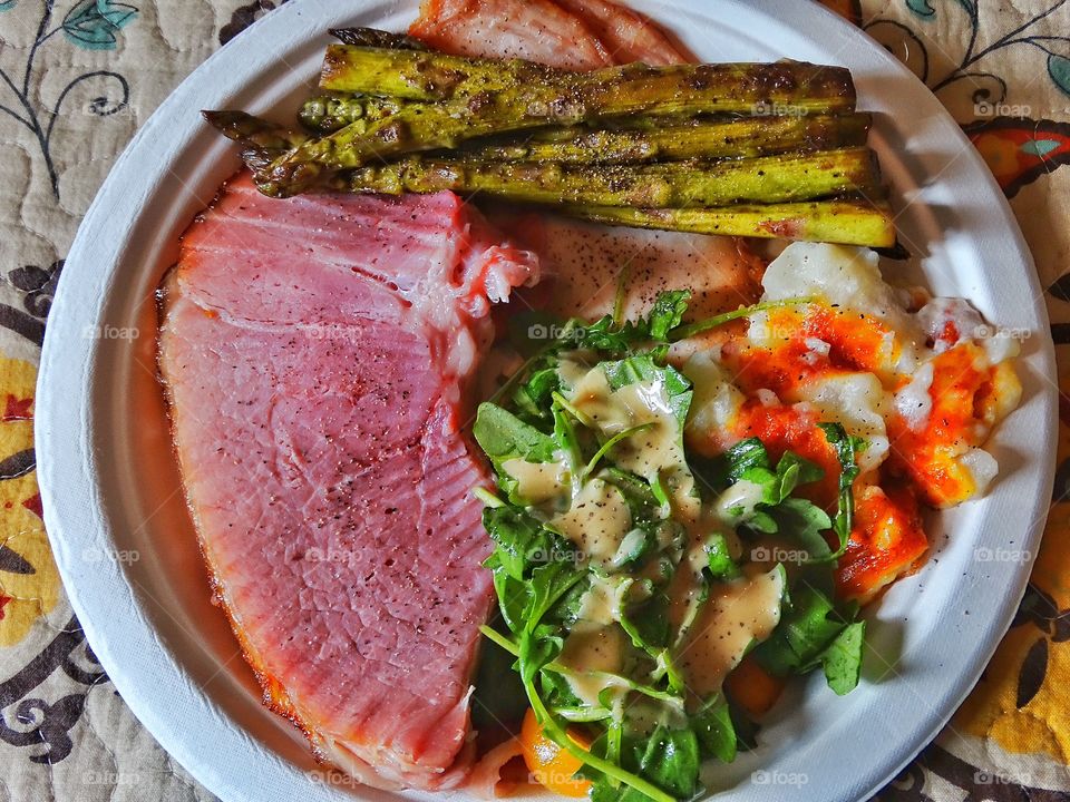 Easter Ham. Easter Dinner Of Ham With Asparagus And Salad
