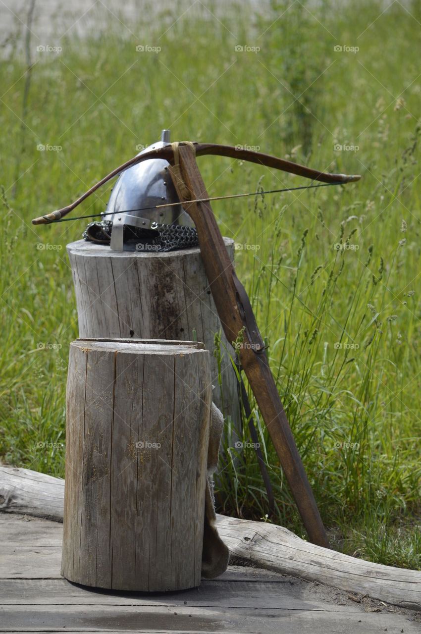 Crossbow and helmet of an ancient Slavic warrior