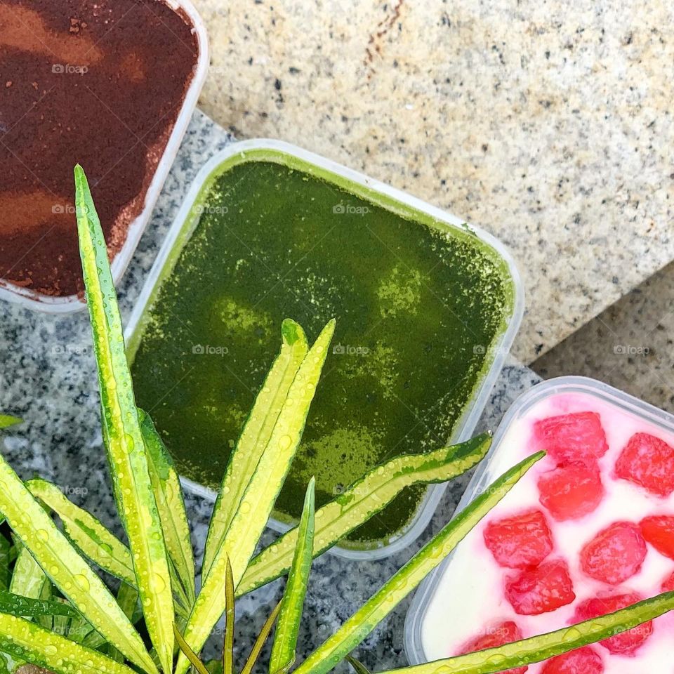 3 tiramisu flavours in an outdoor setting - classic, match and red ruby