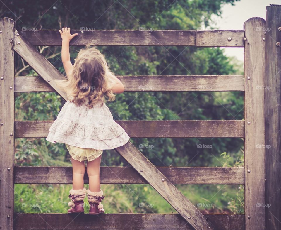 The little girl climbing the fence