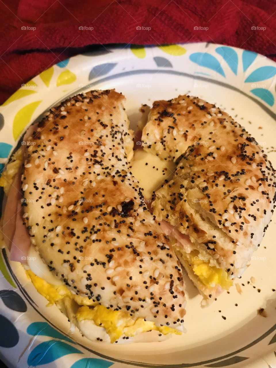 Ham egg and cheese on a Everything bagel 