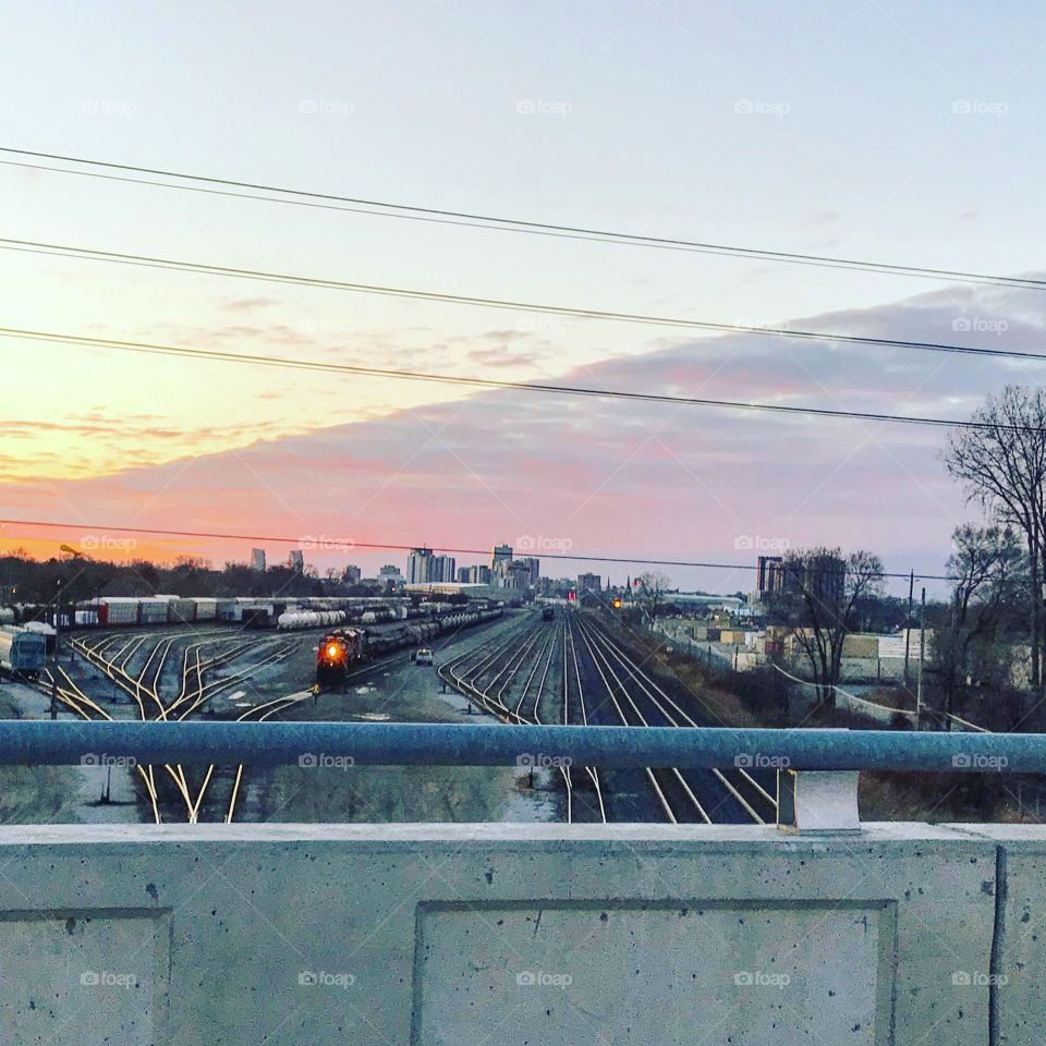 Train bridge at sundown 