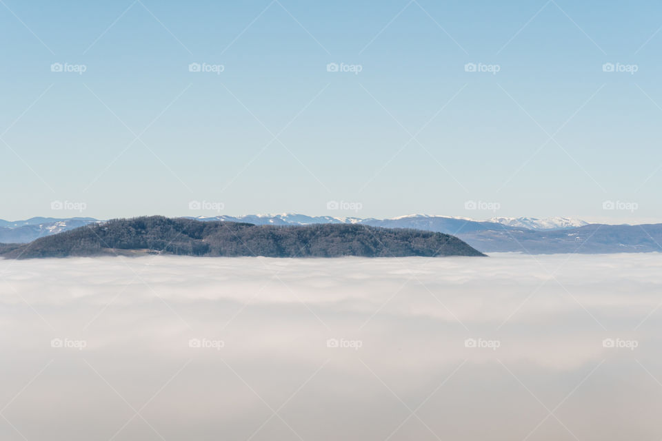Rural landscape with dense fog