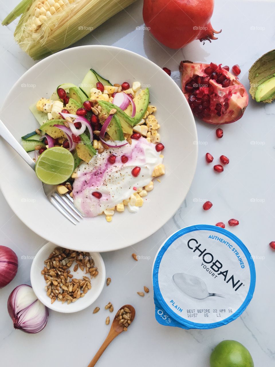 Made with Chobani : Healthy avocado and corn salad with CHOBANI Plain yogurt.
(CHOBANI Plain, sweet corn, avocado, Japanese cucumber, pomegranate, red onion, lime, sunflower seed, and pepper)