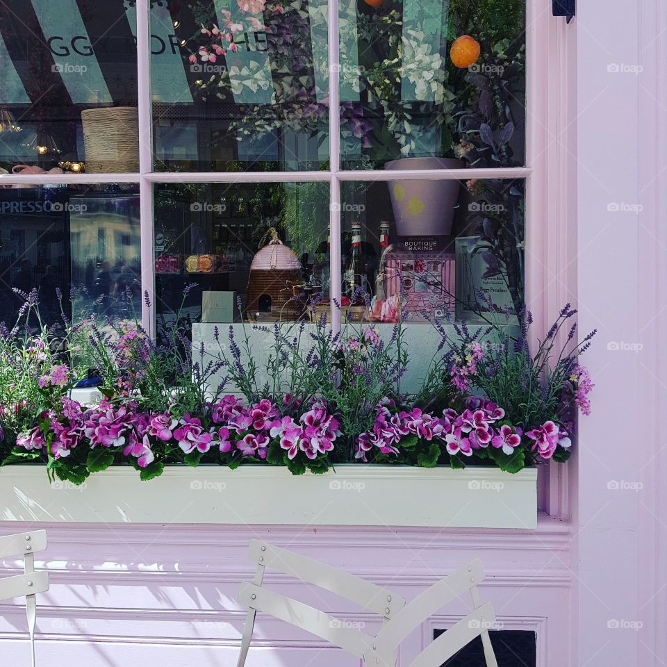 Flower box outside Peggy Porschen cafe London Uk