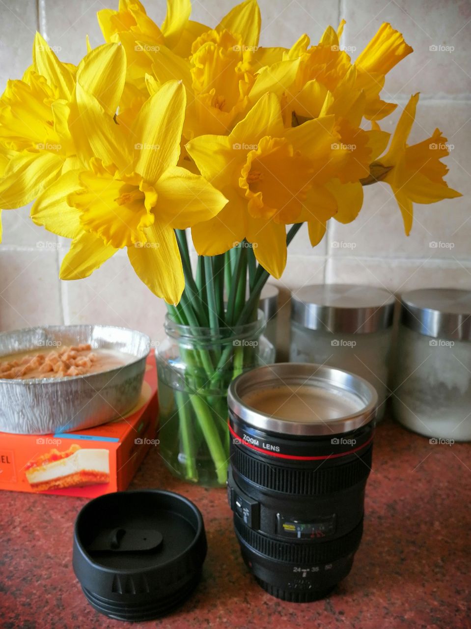 Spring. Flowers. Cake. Coffee.