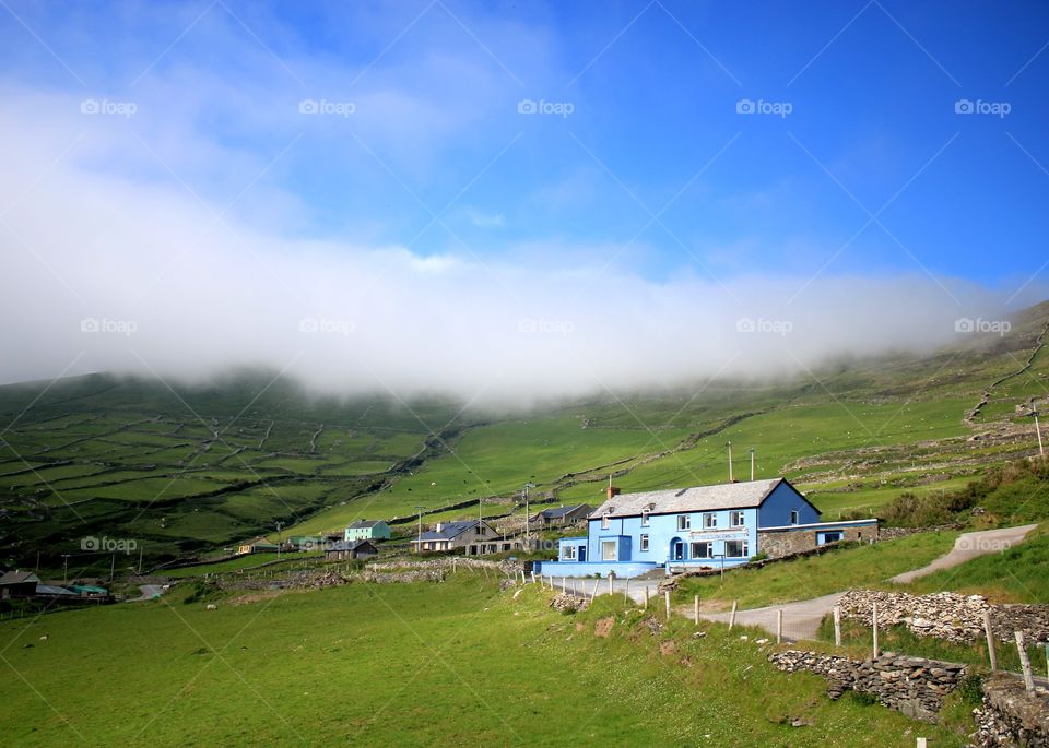 Runic, grass, house, sky, clouds, fog, green, Ireland