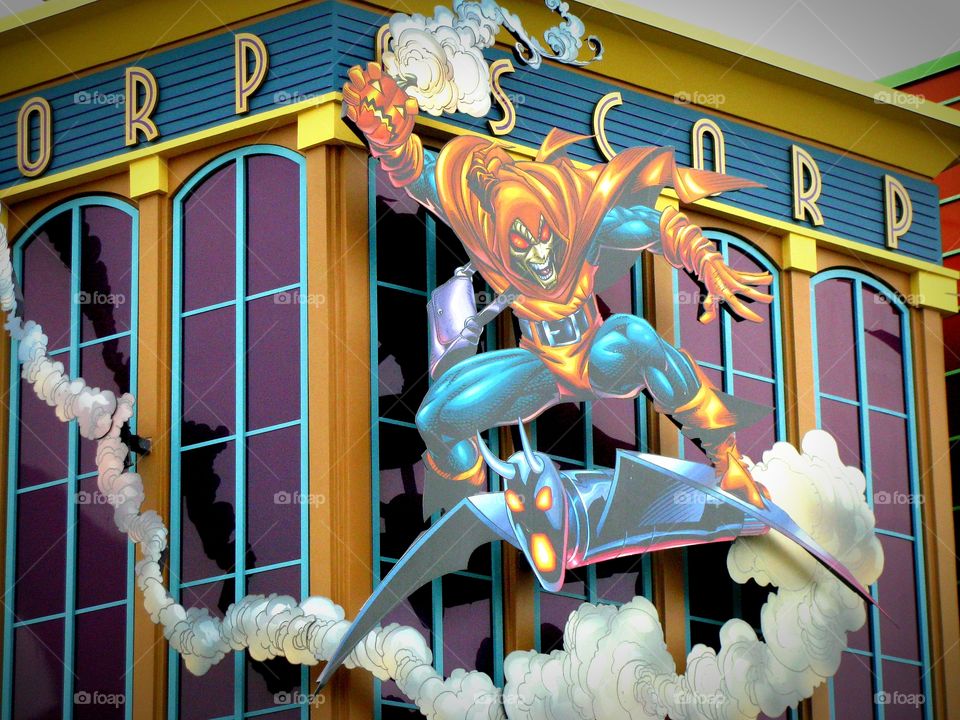 Comic book villains at Universal Studios, Orlando Florida. The Goblin in mid attack.