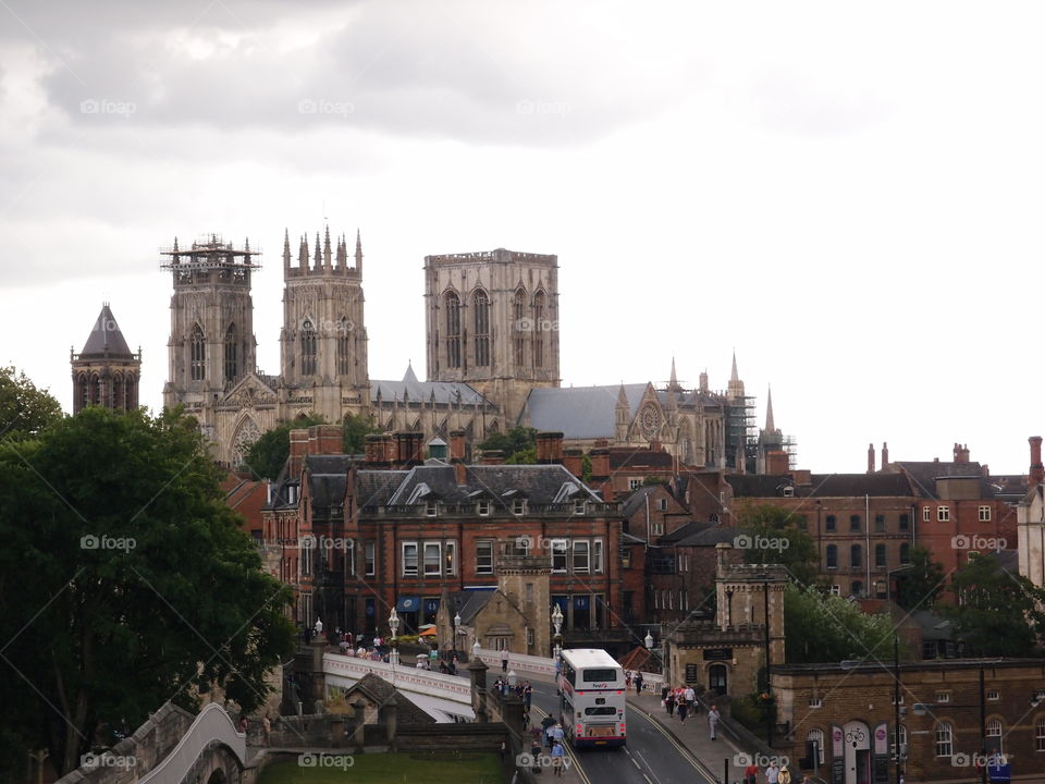 View of the famous York Minster with lots of people on summer vacation 