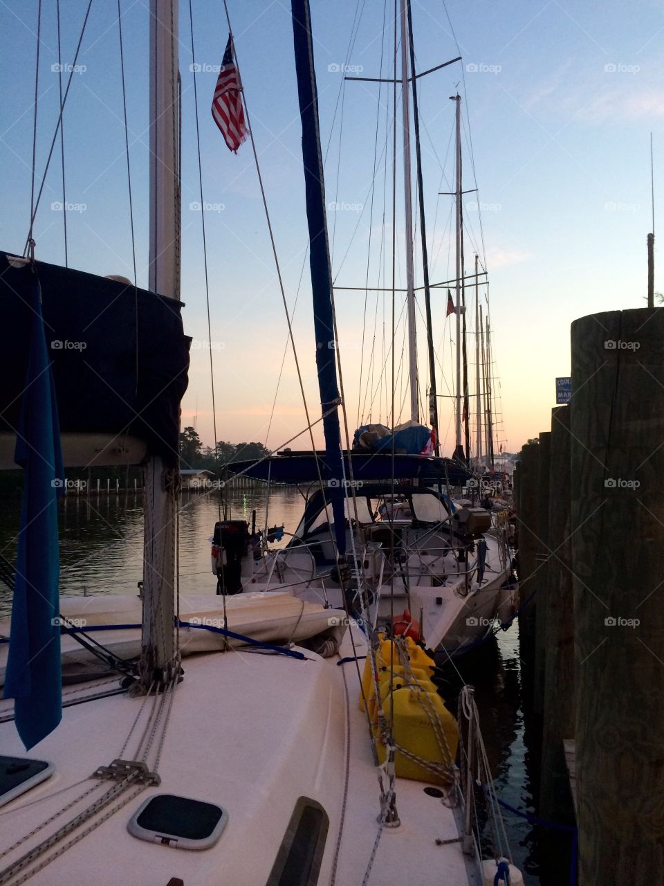 Dock at dusk. Fleet dock at Coinjock marina in ICW