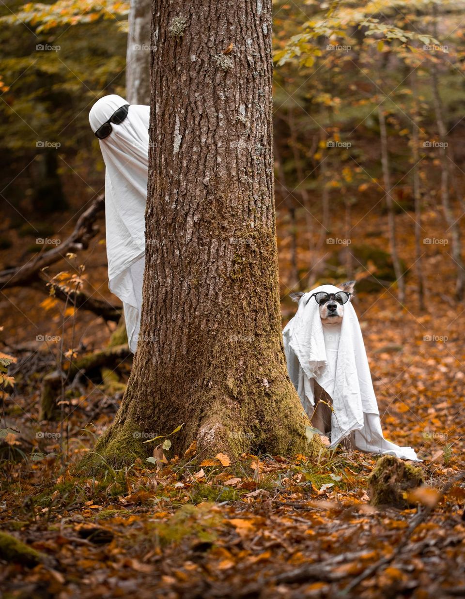 A person and dog dressed up as ghosts 