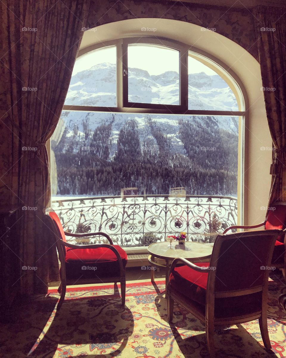 Table for two overlooking a frozen lake in St Moritz 