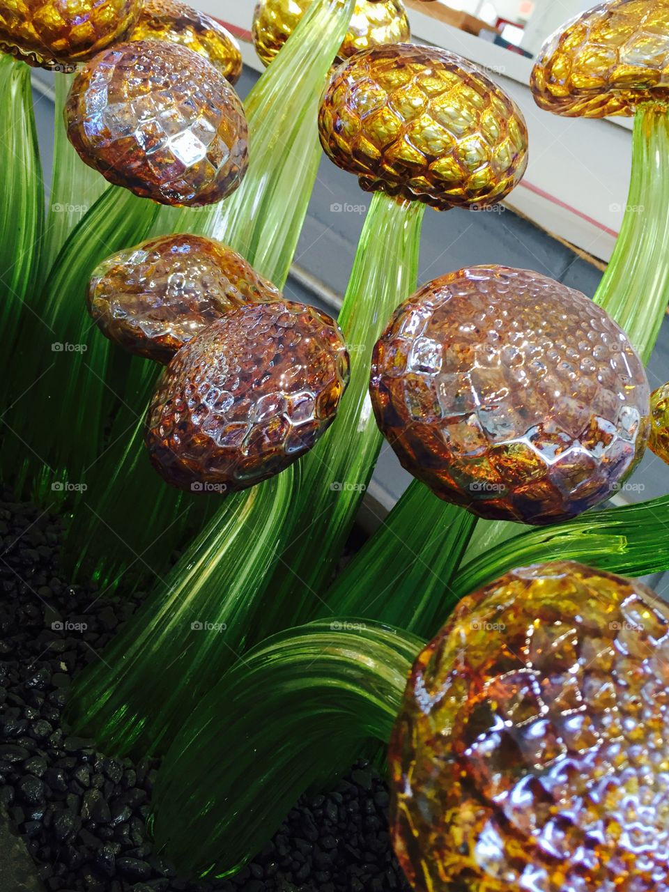 Glass mushrooms. Glassworks on display