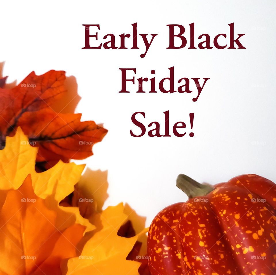 Autumn/Fall Early Black Friday Sale with faux pumpkin and faux fall leaves on a white background.