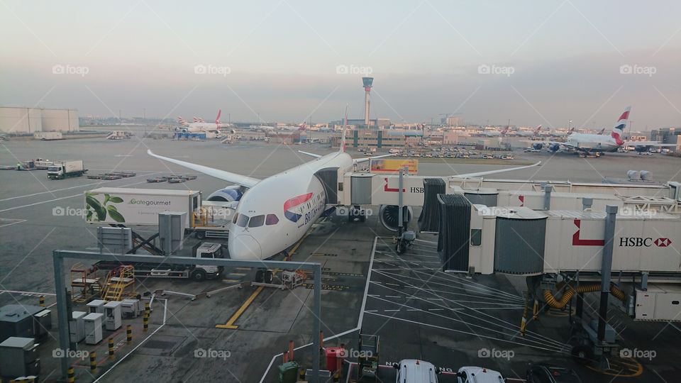 View of British Airways 787 plane aircraft from gate at London Heathrow airpprt