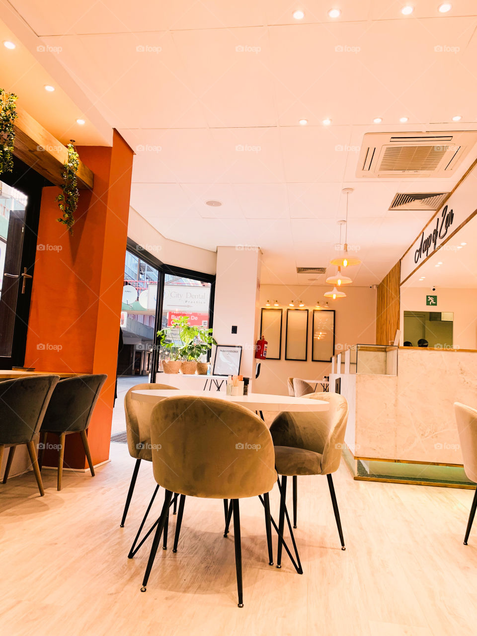 Beautiful interior space in a coffee shop, with cozy small chairs, round tables and hanging green plants.