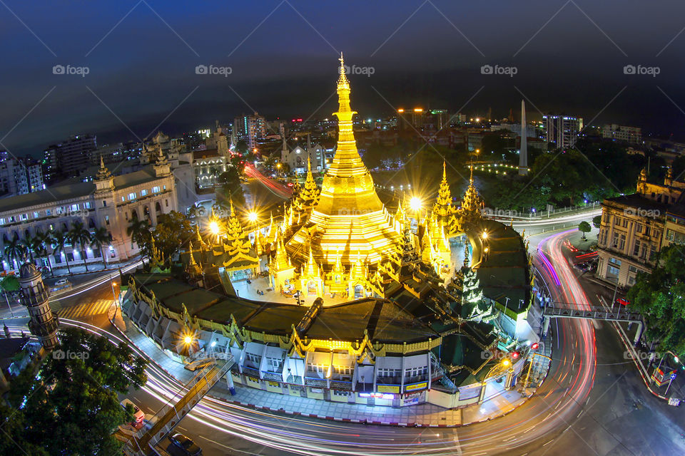 Night view of Yangon city with sule pagoda (Yangon, Myanmar)