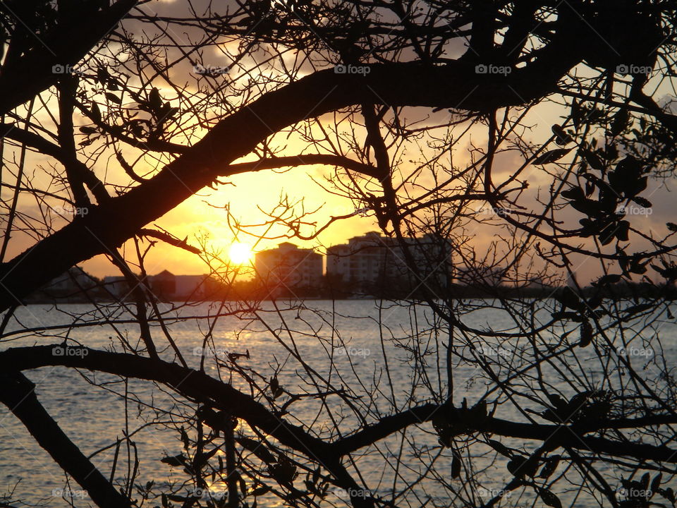 Sunset on lagoon side Cancun Mexico