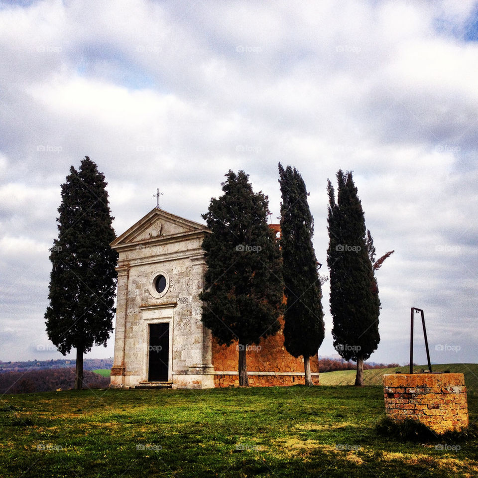 View of the chapel of Vitaleta in Val d'Orcia, Italy