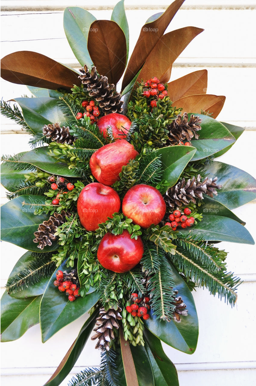 A natural greenery wreath decoration at colonial Williamsburg Virginia. 