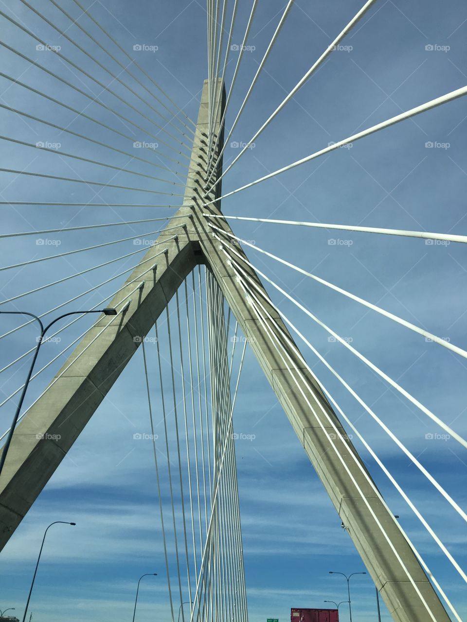 Leonard Zakim Bridge looking at the sunlit cables. Located in Boston MA🇺🇸, when lit at night it looks like huge white sails!