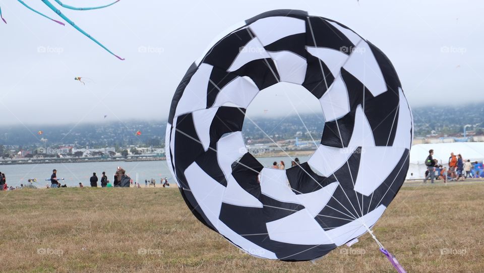 Checkered kite floating in air close to the bay