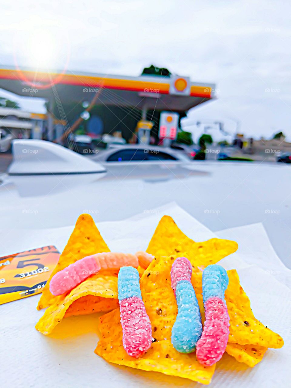 Shell Standout Snack with Gummy Worms on a bed of tacos off hwy 99 in Madera CA