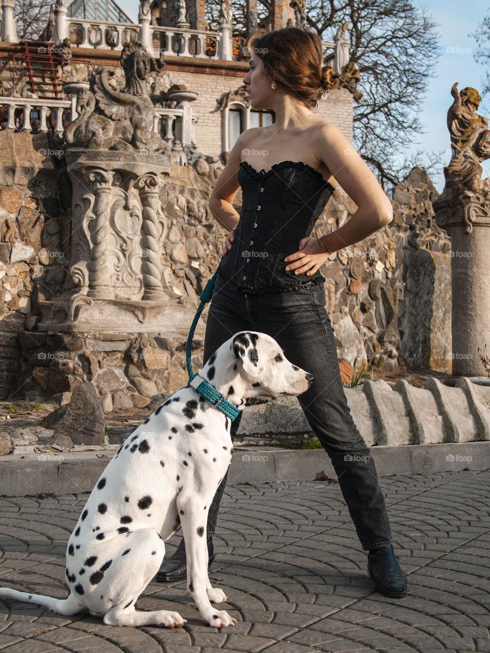 Summer in the city with puppy Dalmatian 