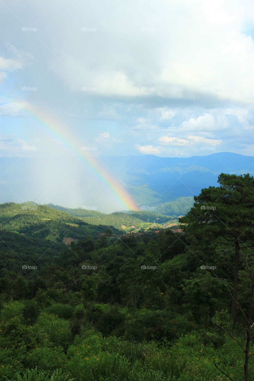 After the rain. Rainbow in nature.