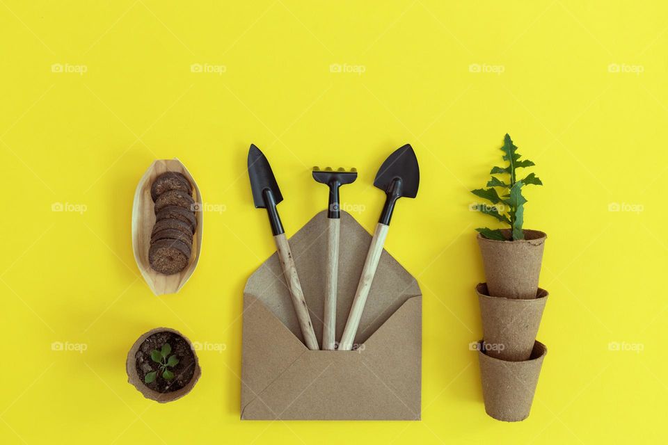 Three garden tools spill out of a craft envelope with cardboard glasses and green sprouts lie on a yellow background with copy space, flat lay close-up.