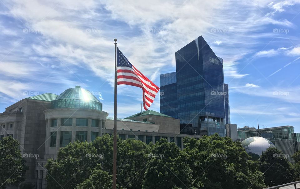 View of Raleigh, North Carolina. Looking at the North Carolina Museum of Natural Sciences and the State Employees Credit Union building. 