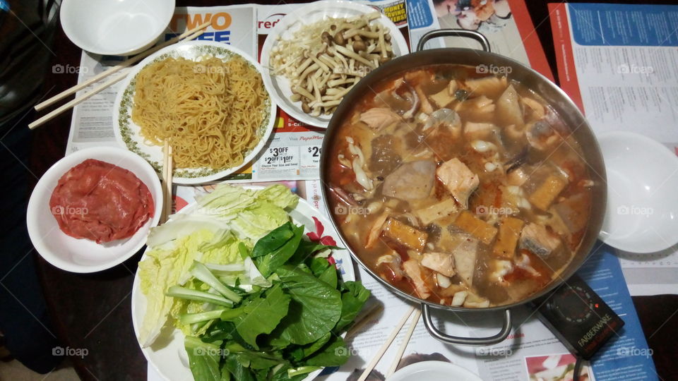 meat, hot pot, veggies