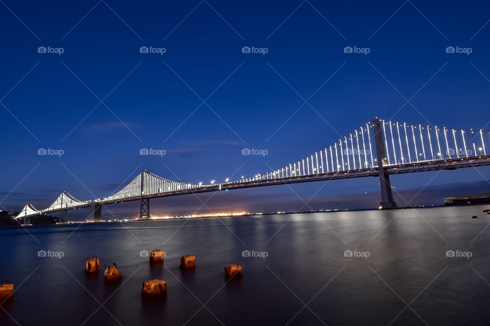 Bay Bridge at night.