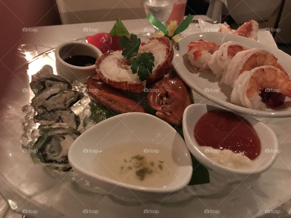 Seafood platter, lobster, shrimp, tuna and oyster