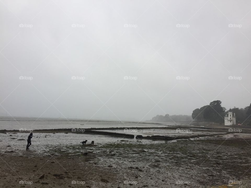 Côte bretonne sous la pluie à marée basse 
