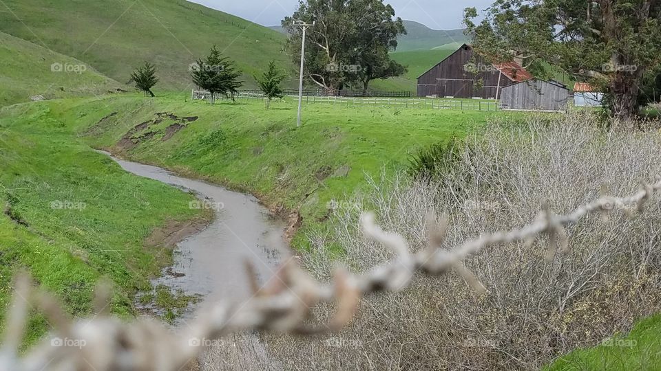 Barn and a creek with a barbed wire fence